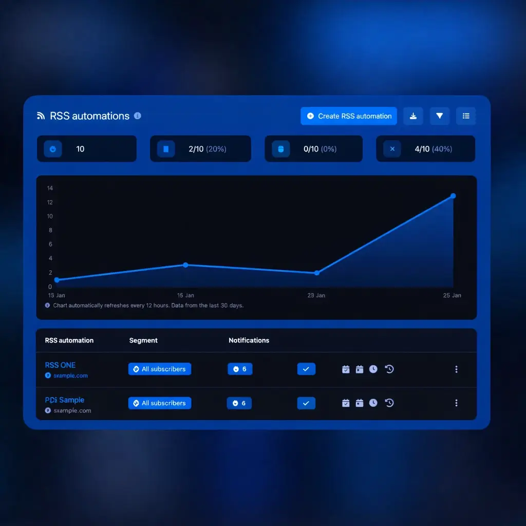 Screenshot of the app RSS automations management page
